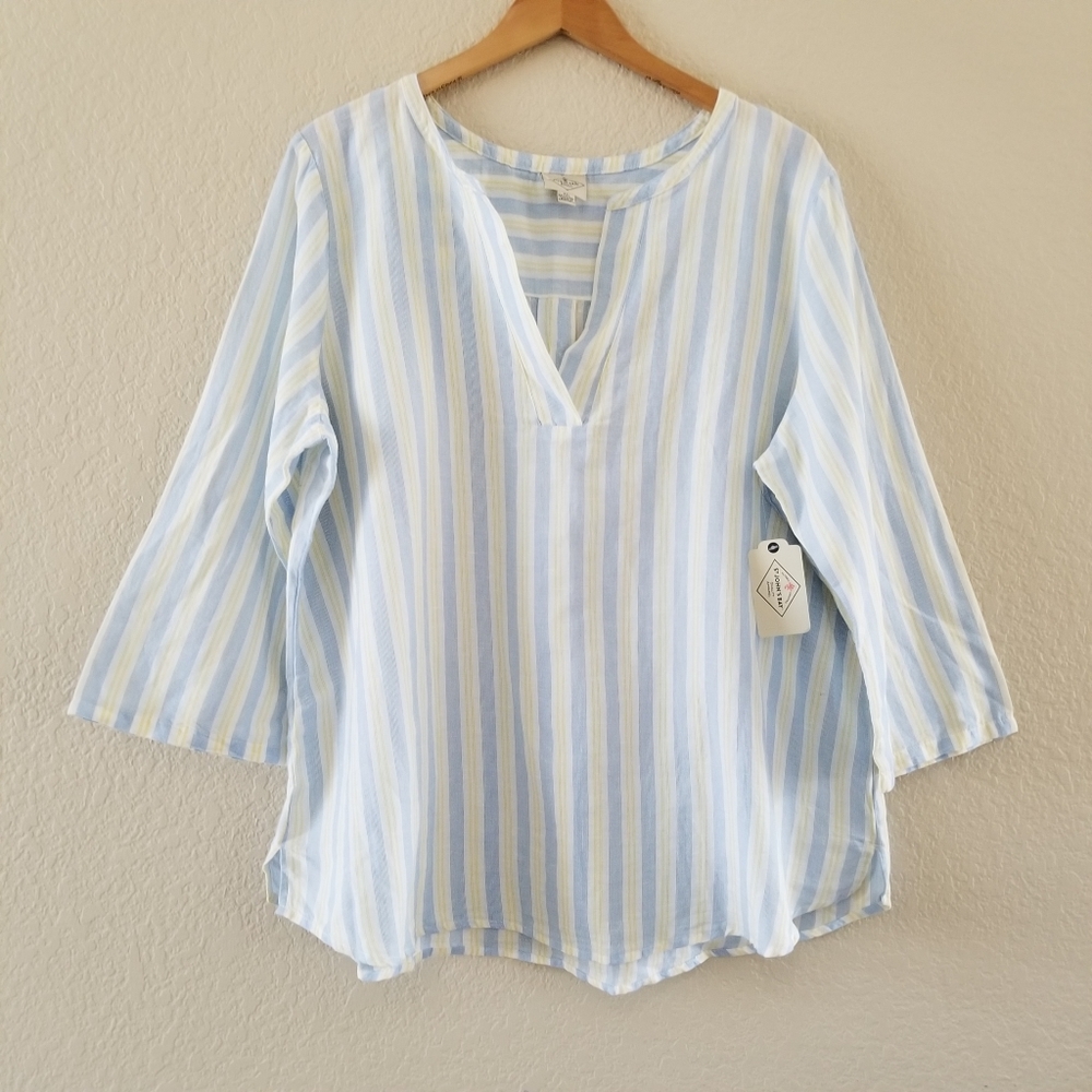 NWT St. John's Bay Blue Yellow Stripe Linen Blend Popover Blouse Size XXL